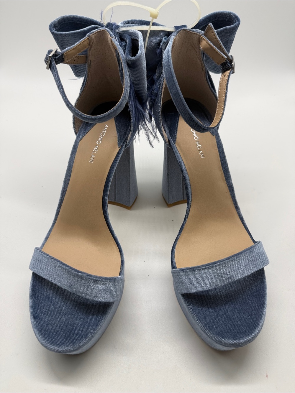 ANTONIO MELANI 10 Denim Blue Velvet/Suede feel Ankle fasten Block Heel Sandals.